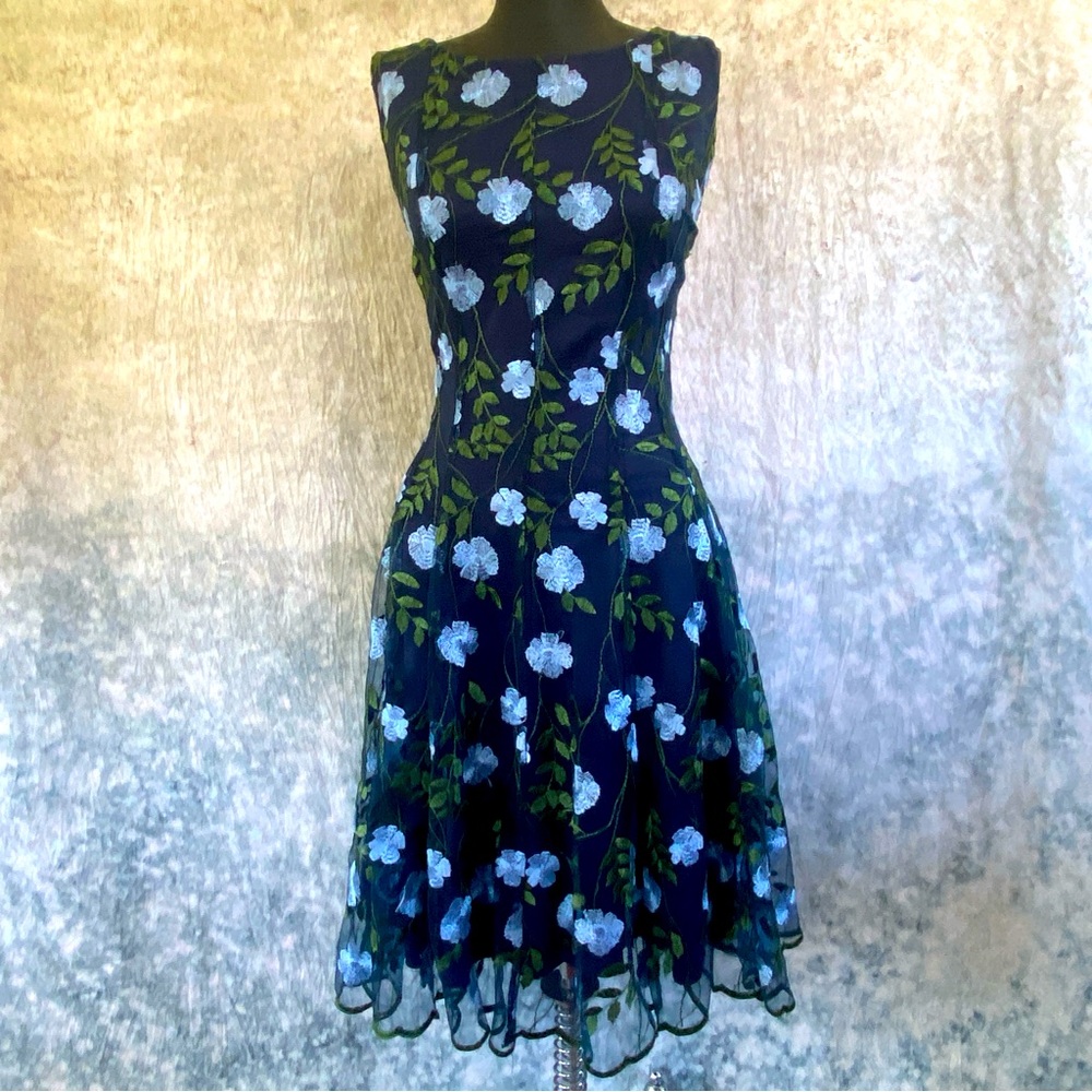 Gabby Skye Navy and Green Floral Midi Dress